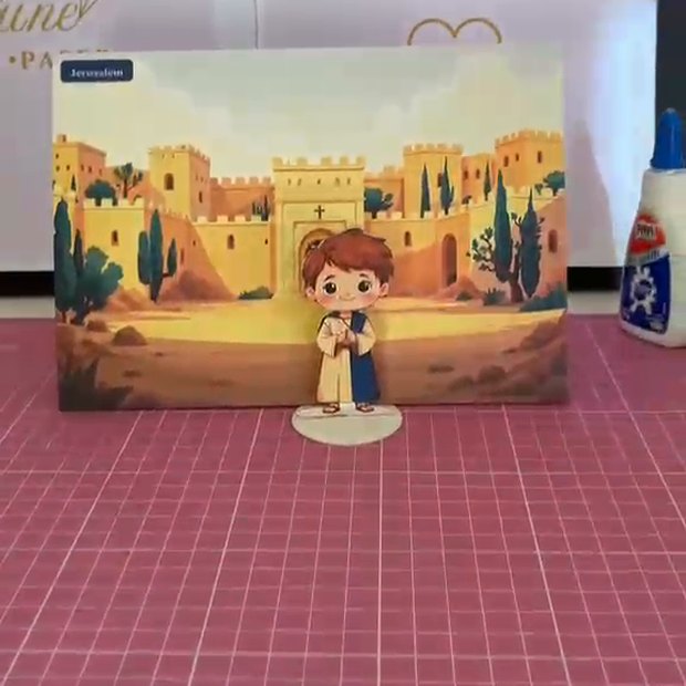Passo 3: Monta e brinca — foto real do Kit Bíblico Papercraft